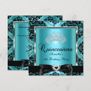 Invitation Quinceanera 15e Fête Teal Damassé Argent Noir