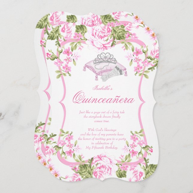 Invitation Quinceanera 15e fleurs de roses douces roses (Devant / Derrière)