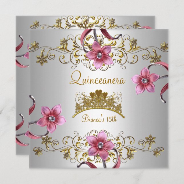 Invitation Quinceanera 15e Fleurs roses blanches Gold Tiara (Devant / Derrière)