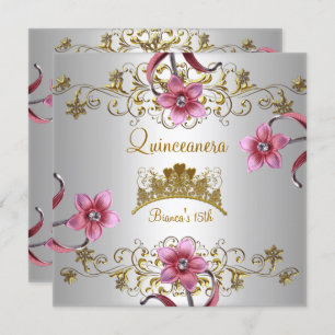 Invitation Quinceanera 15e Fleurs roses blanches Gold Tiara