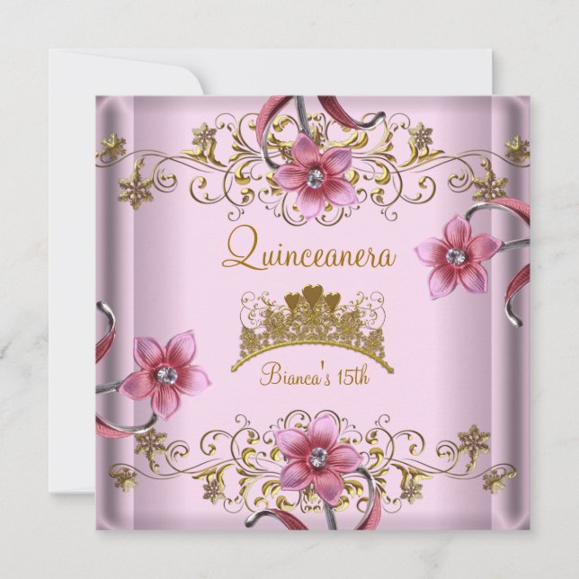 Invitation Quinceanera 15e Fleurs roses Gold Tiara (Devant)