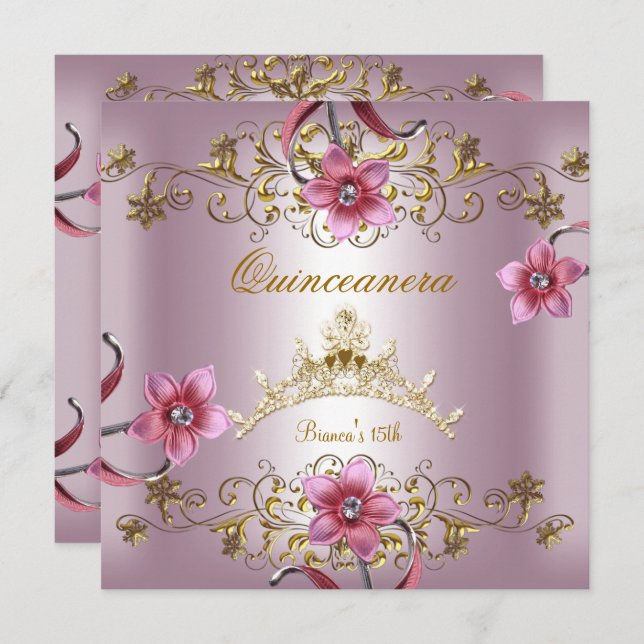 Invitation Quinceanera 15e Fleurs roses Gold Tiara (Devant / Derrière)