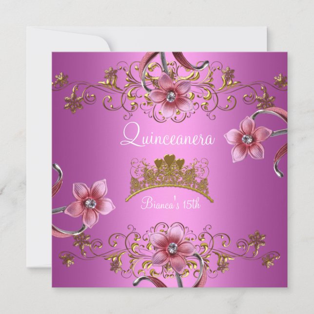 Invitation Quinceanera 15e Fleurs roses Gold Tiara (Devant)