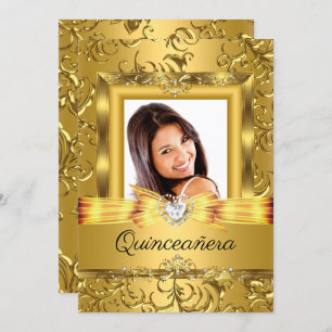 Invitation Quinceanera 15e Gold Damask Photo Pearl