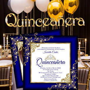 Invitation Quinceanera 15e Gold Royal Blue Pearl Tiara Photo