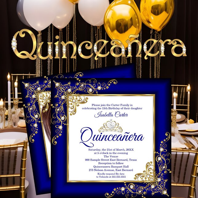 Invitation Quinceanera 15e Gold Royal Blue Pearl Tiara Photo (Créateur téléchargé)