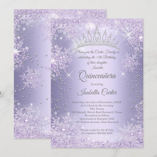 Invitation Quinceanera 15e hiver du flocon de neige violet Li (Devant / Derrière)