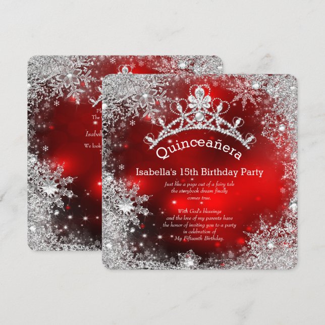 Invitation Quinceanera 15e hiver Wonderland Argent Rouge (Devant / Derrière)