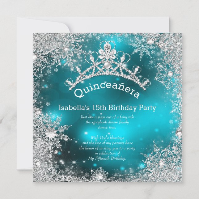 Invitation Quinceanera 15e hiver Wonderland Argent Turquoise (Devant)