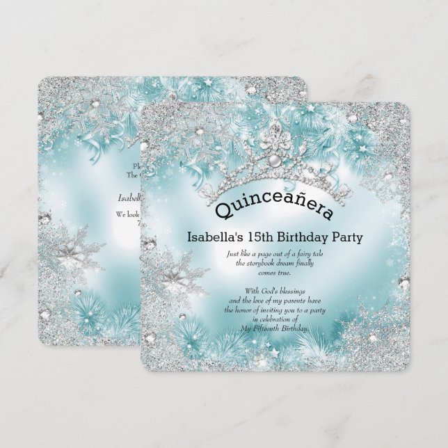 Invitation Quinceanera 15e hiver Wonderland Argent Turquoise  (Devant / Derrière)