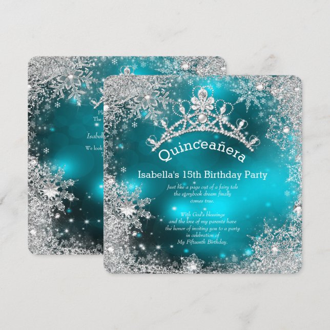 Invitation Quinceanera 15e hiver Wonderland Argent Turquoise (Devant / Derrière)