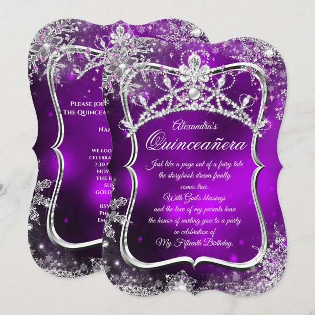 Invitation Quinceanera 15e hiver Wonderland Argent violet (Devant / Derrière)