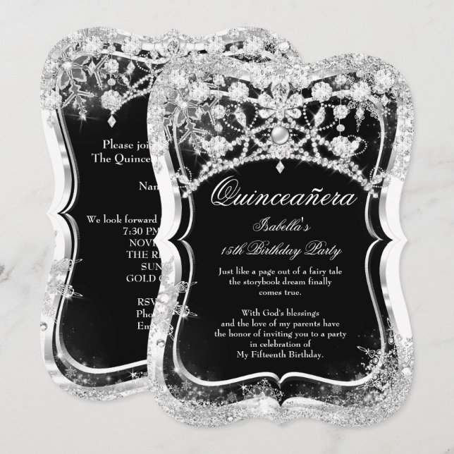 Invitation Quinceanera 15e hiver Wonderland Black Silver (Devant / Derrière)