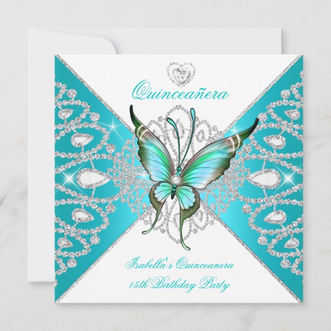 Invitation Quinceanera 15e joli papillon bleu sarcelle neuf (Devant)