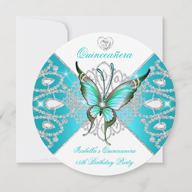 Invitation Quinceanera 15e Joli papillon bleu Turquoise Nouve (Devant)