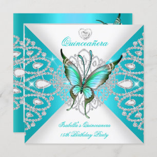 Invitation Quinceanera 15e Joli papillon bleu Turquoise Tiara