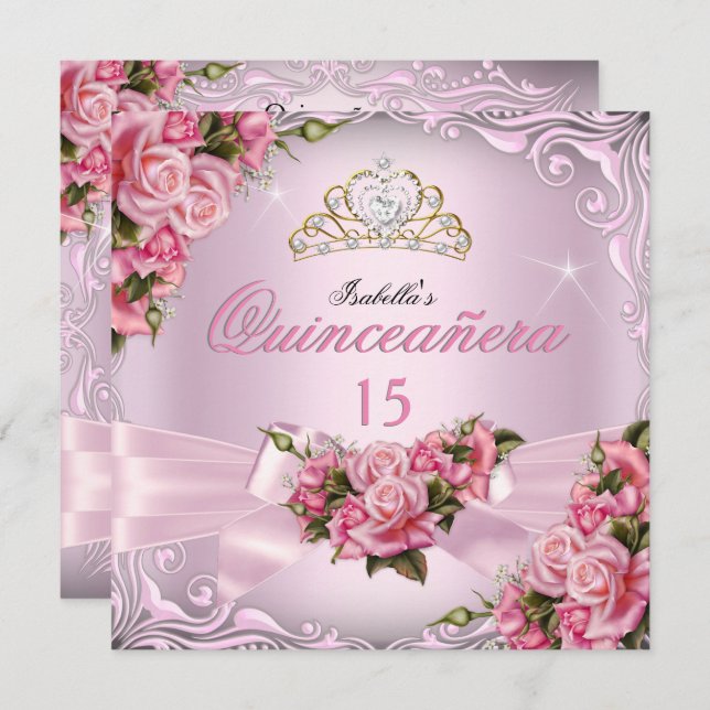 Invitation Quinceanera 15e Jolie rose Roses Tiara Anniversair (Devant / Derrière)
