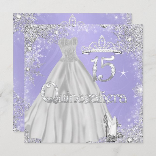 Invitation Quinceanera 15e Lilac Silver Snowflakes Party (Devant / Derrière)