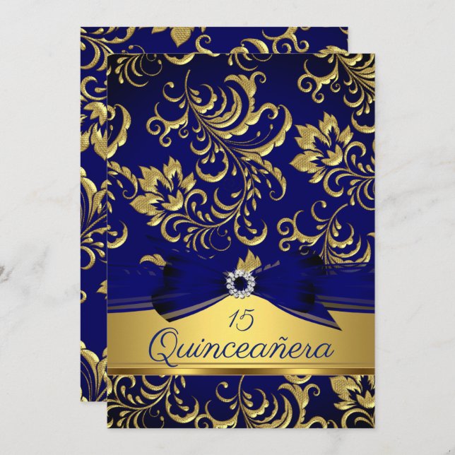 Invitation Quinceanera 15e Marine Blue Gold Floral Damask Bow (Devant / Derrière)