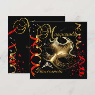 Invitation Quinceanera 15e Mascarade Masque Rouge Or