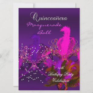 Invitation Quinceanera 15e Mascarade Masques Violet Rose Gran