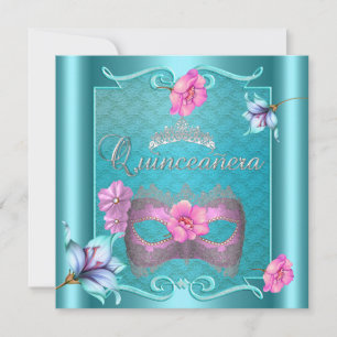 Invitation Quinceanera 15e Masque Bleu Sarcelle Rose Argent F