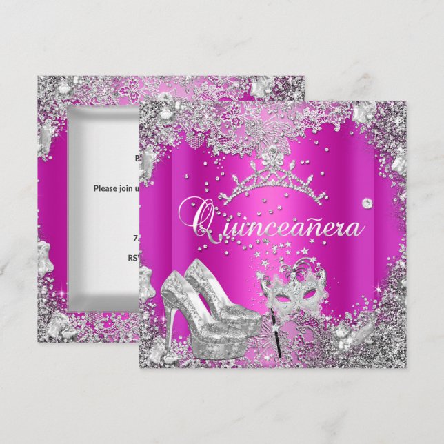 Invitation Quinceanera 15e Masque d'argent rose chaud Tiara (Devant / Derrière)
