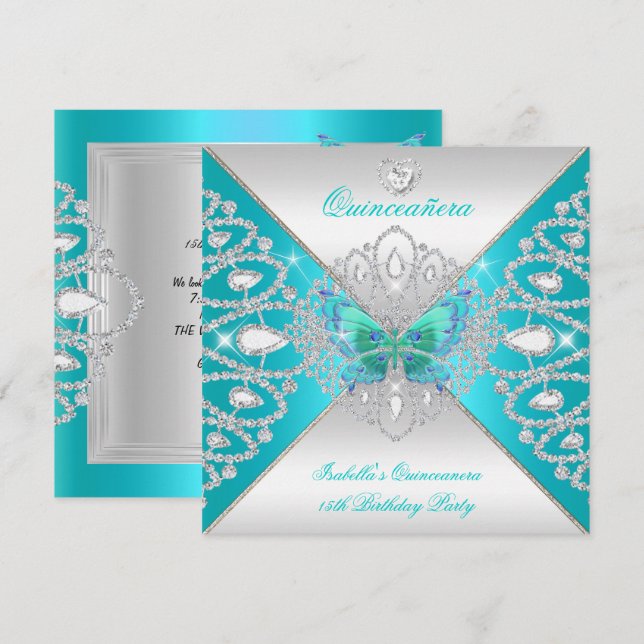 Invitation Quinceanera 15e papillon argenté Turquoise Tiara 2 (Devant / Derrière)