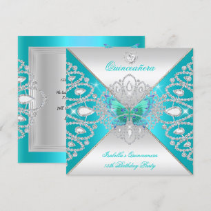 Invitation Quinceanera 15e papillon argenté Turquoise Tiara 2