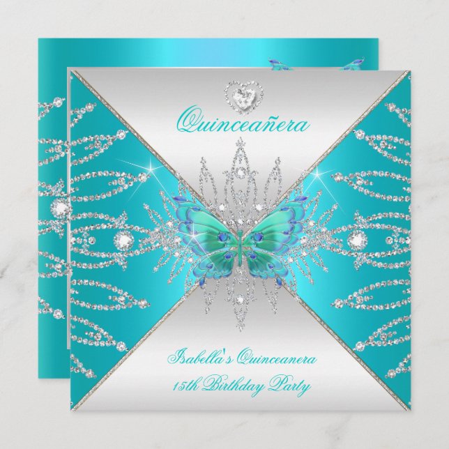 Invitation Quinceanera 15e papillon argenté Turquoise Tiara 3 (Devant / Derrière)