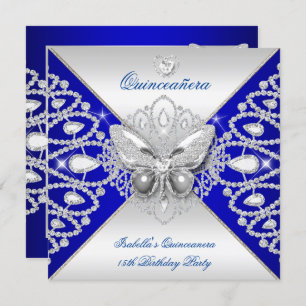 Invitation Quinceanera 15e Papillon bleu en argent Tiara