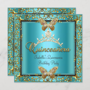 Invitation Quinceañera 15e papillon bleu Turquoise Gold