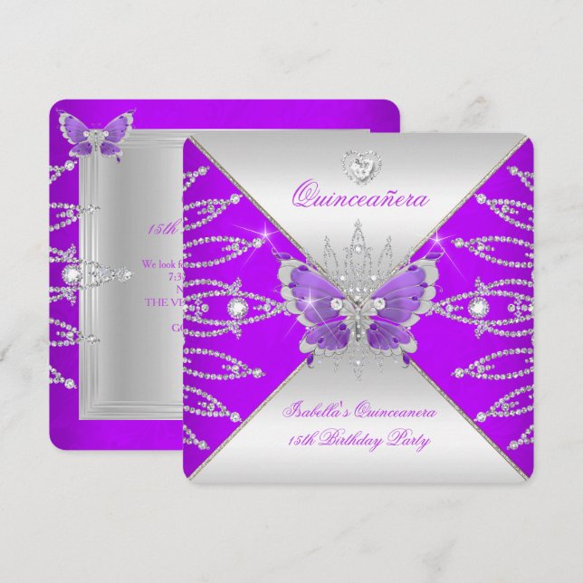 Invitation Quinceanera 15e papillon pourpre en argent Tiara (Devant / Derrière)