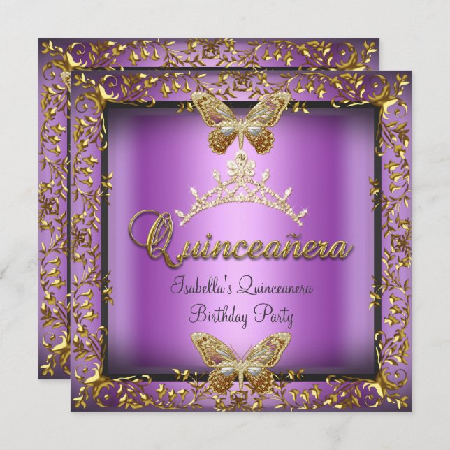 Invitation Quinceañera 15e papillon rose violet or (Devant / Derrière)