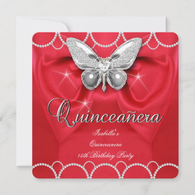 Invitation Quinceanera 15e Papillon Rouge Perle Fête (Devant)