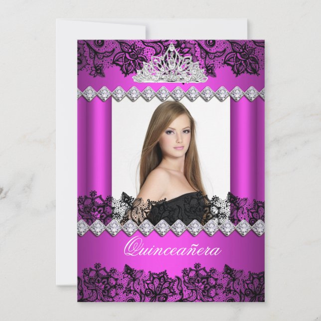 Invitation Quinceanera 15e photo en dentelle blanche rose cha (Devant)