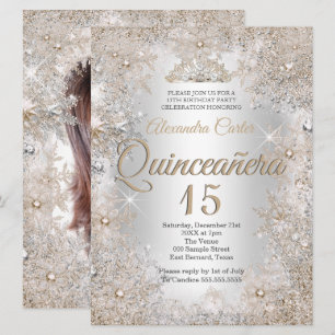 Invitation Quinceanera 15e Photo Flocon de Neige Argent Beige