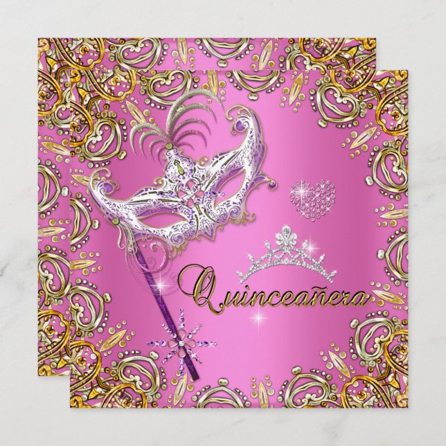 Invitation Quinceanera 15e Pink Masquerade Party Gold (Devant / Derrière)