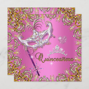 Invitation Quinceanera 15e Pink Masquerade Party Gold