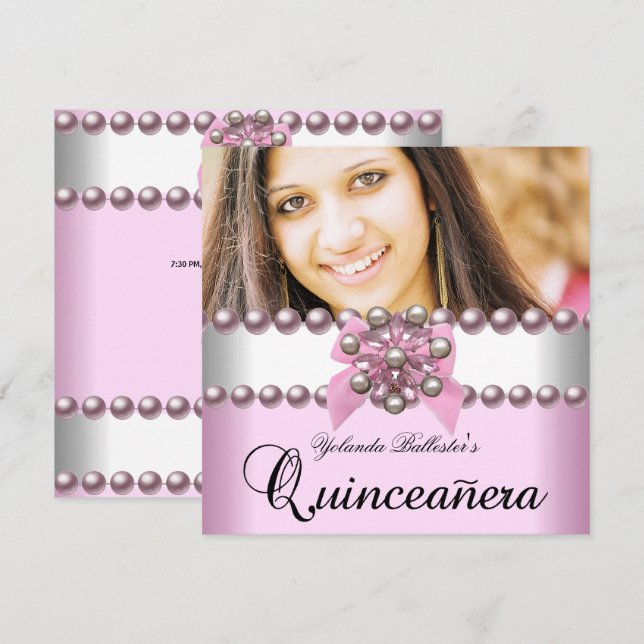 Invitation Quinceanera 15e Pink Rose Pearl Bow Photo (Devant / Derrière)
