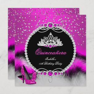 Invitation Quinceanera 15e Plumes Chaud rose Glamour talons