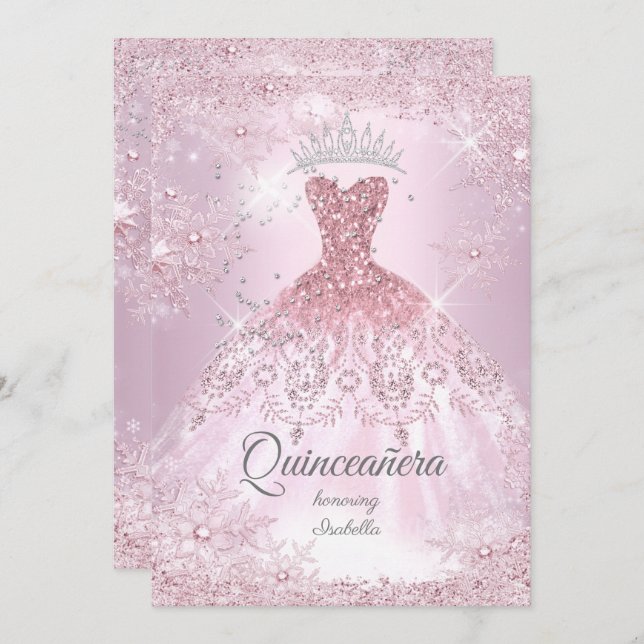 Invitation Quinceanera 15e robe d'hiver de Flèche de neige ro (Devant / Derrière)