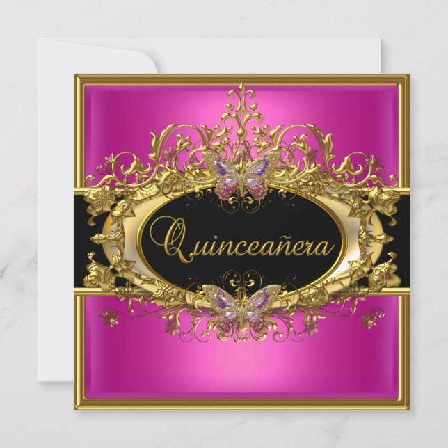 Invitation Quinceanera 15e Rose Chaud Or Noir Filles (Devant)