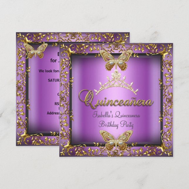 Invitation Quinceañera 15e Rose Violet Papillon Doré (Devant / Derrière)