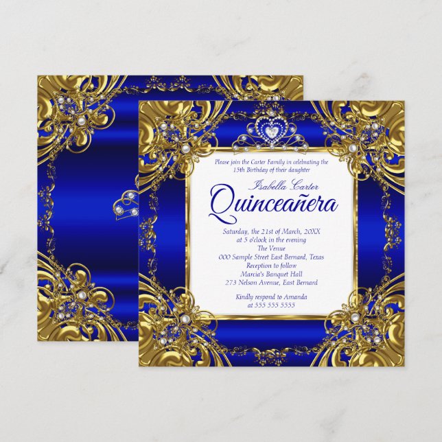 Invitation Quinceanera 15e Royal Blue Gold Pearl Tiara (Devant / Derrière)