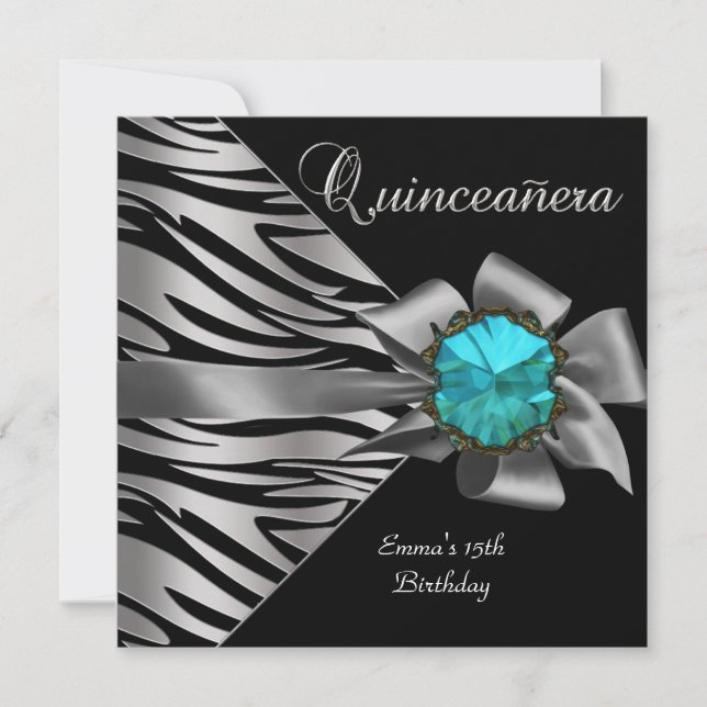 Invitation Quinceanera 15e Silver Zebra Turquoise Black Grey  (Devant)