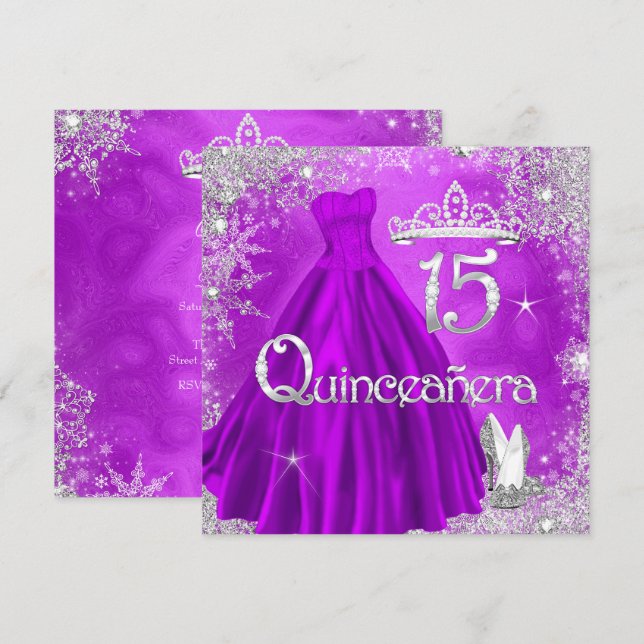 Invitation Quinceanera 15e Soirée Flakes d'argent violet 2 (Devant / Derrière)