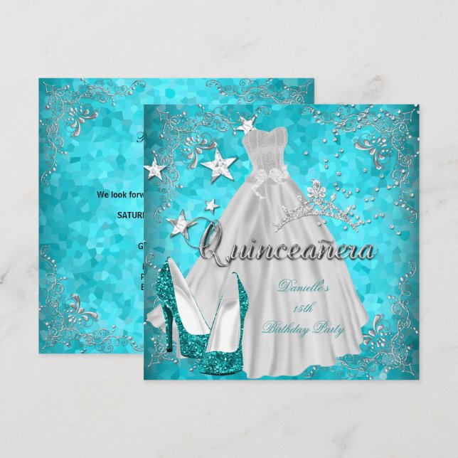 Invitation Quinceanera 15e Teinté de sarcelle Paillettes (Devant / Derrière)
