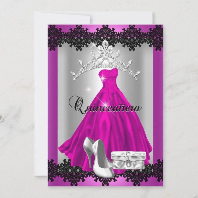 Invitation Quinceanera 15e Tiara en argent noir rose (Devant)