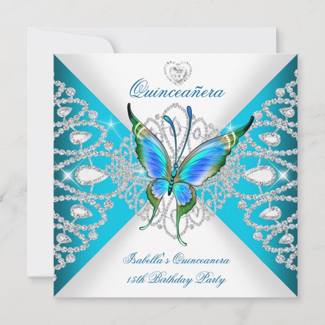Invitation Quinceanera 15e Tiara, papillon bleu Turquoise pro (Devant)